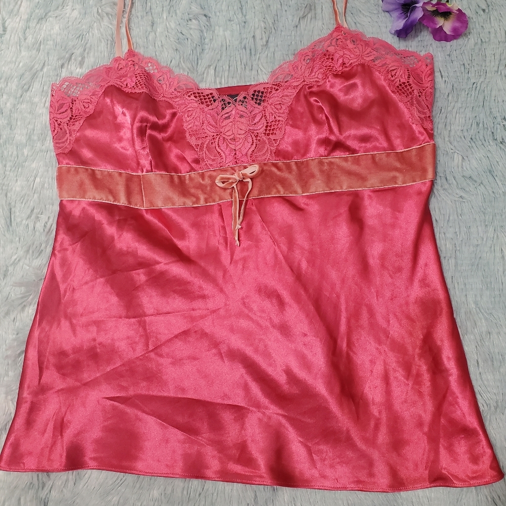90s Camisole Top PINK LIQUID SATIN Velvet Lace Bow Fairycore Coquet LRG